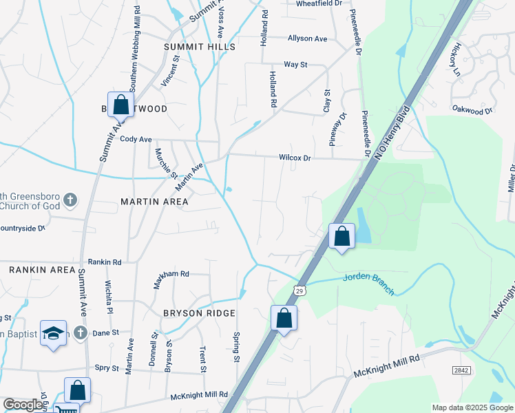 map of restaurants, bars, coffee shops, grocery stores, and more near 3619 Country Ridge Road in Greensboro