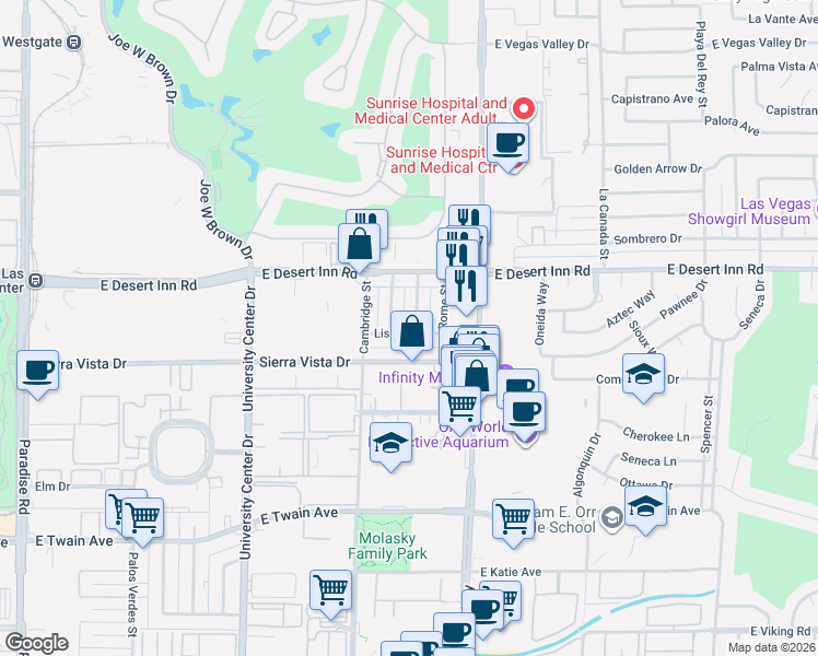 map of restaurants, bars, coffee shops, grocery stores, and more near 3391 Brussels Street in Las Vegas