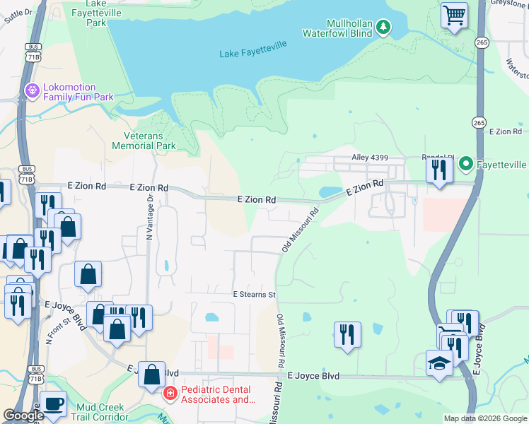 map of restaurants, bars, coffee shops, grocery stores, and more near 2147 East Cinnamon Way in Fayetteville