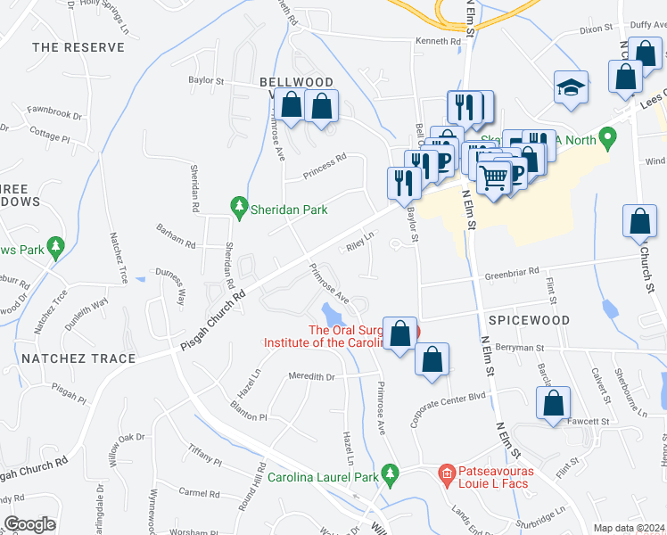 map of restaurants, bars, coffee shops, grocery stores, and more near 63 Park Village Lane in Greensboro