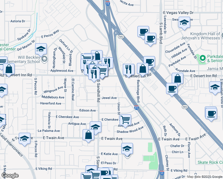 map of restaurants, bars, coffee shops, grocery stores, and more near 3887 Raymert Drive in Las Vegas