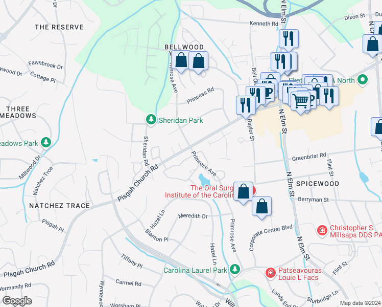 map of restaurants, bars, coffee shops, grocery stores, and more near 41 Park Village Lane in Greensboro