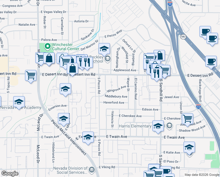 map of restaurants, bars, coffee shops, grocery stores, and more near 3455 Wingrove Avenue in Las Vegas