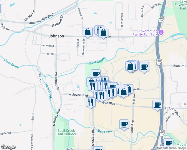 map of restaurants, bars, coffee shops, grocery stores, and more near 7 East Boulder Creek Boulevard in Fayetteville