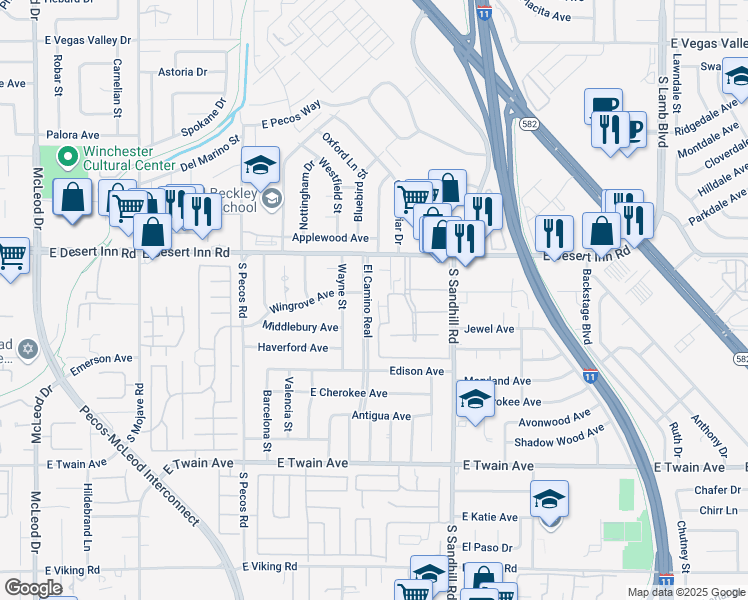 map of restaurants, bars, coffee shops, grocery stores, and more near 3386 El Camino Real in Las Vegas