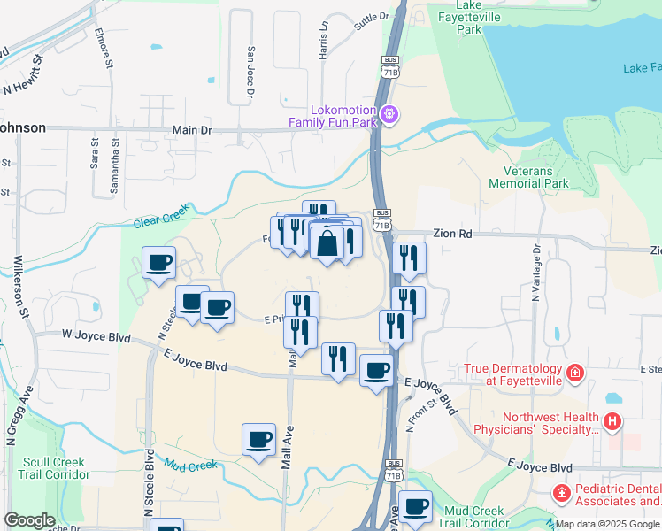 map of restaurants, bars, coffee shops, grocery stores, and more near 4201 North Shiloh Drive in Fayetteville