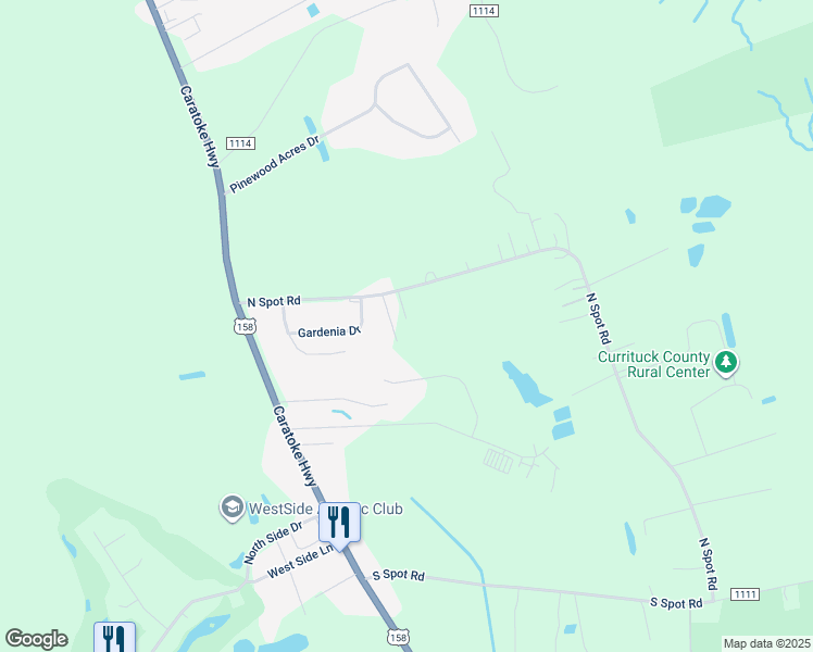 map of restaurants, bars, coffee shops, grocery stores, and more near 176 North Spot Road in Powells Point