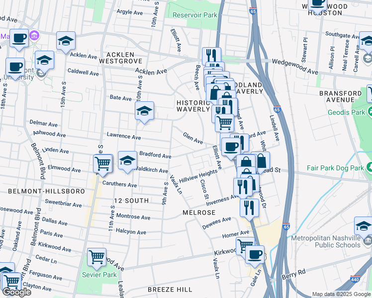 map of restaurants, bars, coffee shops, grocery stores, and more near 2214 Knowles Avenue in Nashville