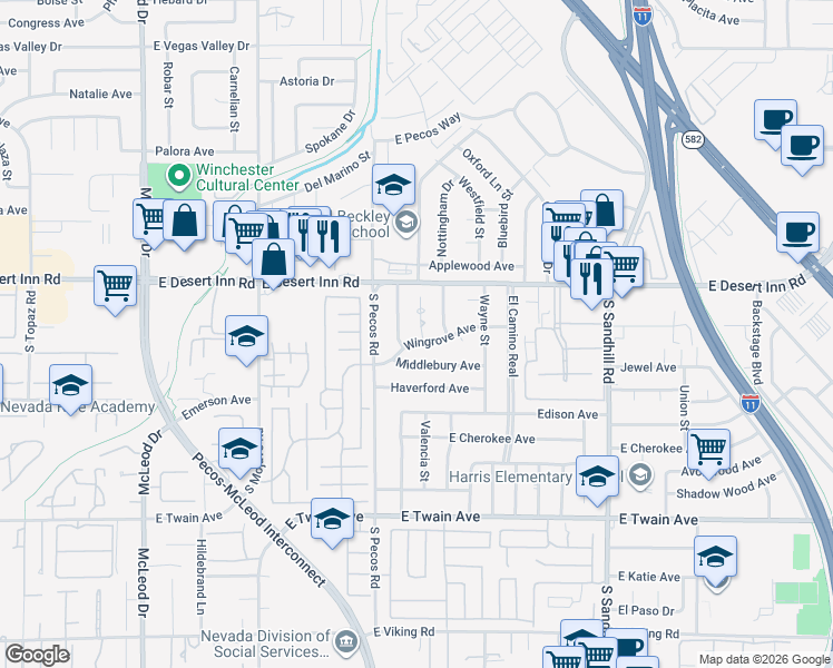 map of restaurants, bars, coffee shops, grocery stores, and more near 3455 Wingrove Avenue in Las Vegas