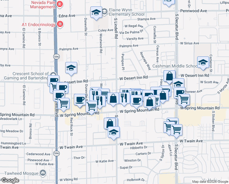 map of restaurants, bars, coffee shops, grocery stores, and more near 3426 Tiara Point Circle in Las Vegas