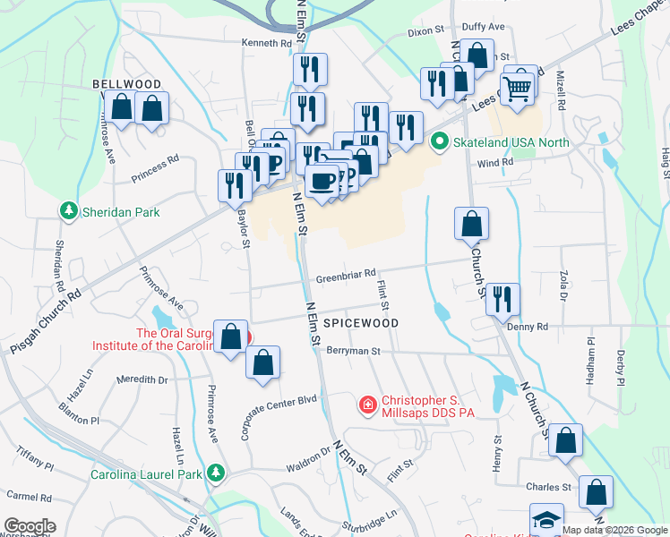 map of restaurants, bars, coffee shops, grocery stores, and more near 5 Pyracantha Court in Greensboro