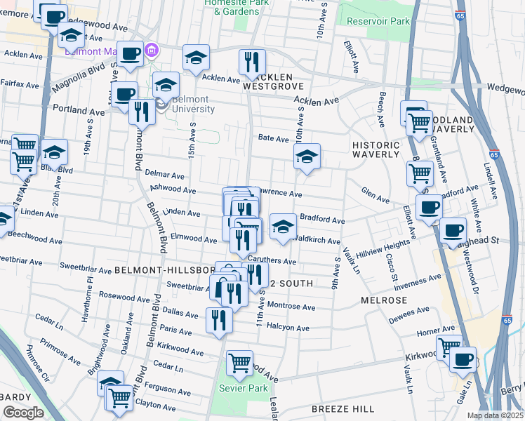 map of restaurants, bars, coffee shops, grocery stores, and more near 2220 12th Avenue South in Nashville