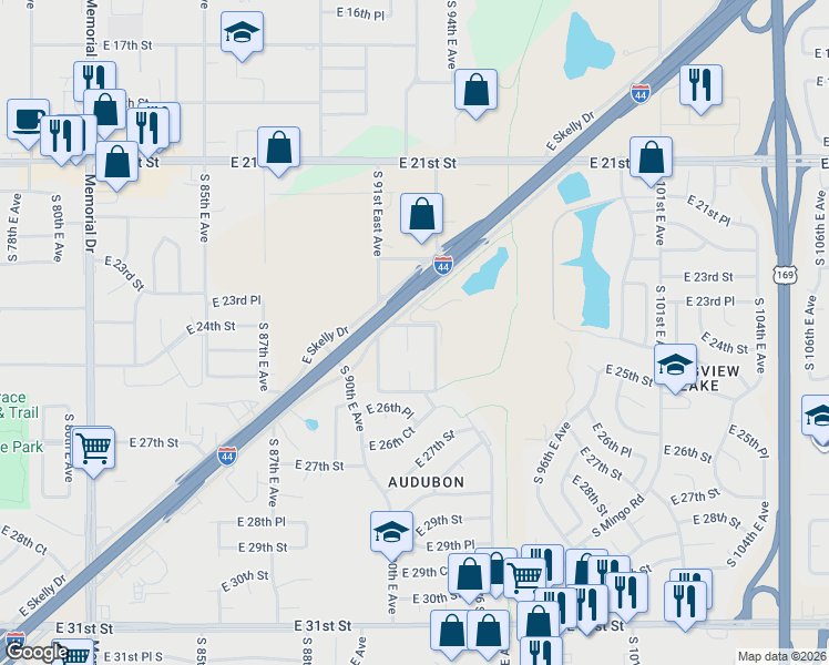 map of restaurants, bars, coffee shops, grocery stores, and more near 2423 South 91st East Place in Tulsa