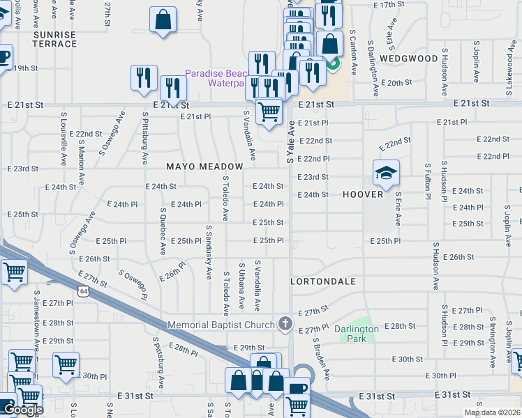 map of restaurants, bars, coffee shops, grocery stores, and more near 4605 East 25th Street in Tulsa