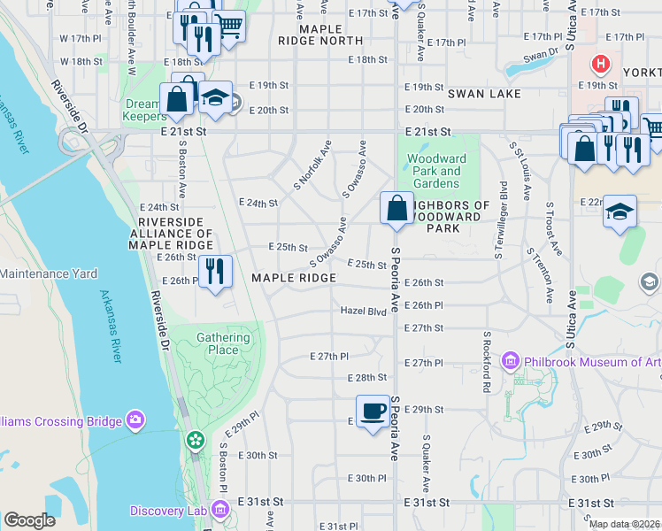 map of restaurants, bars, coffee shops, grocery stores, and more near 1145 East 26th Street in Tulsa