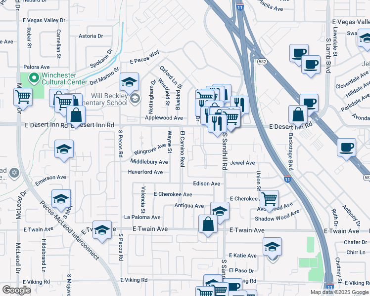 map of restaurants, bars, coffee shops, grocery stores, and more near 3386 El Camino Real in Las Vegas