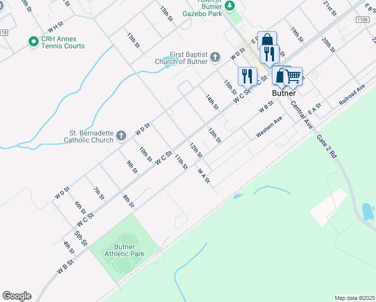 map of restaurants, bars, coffee shops, grocery stores, and more near 223 12th Street in Butner