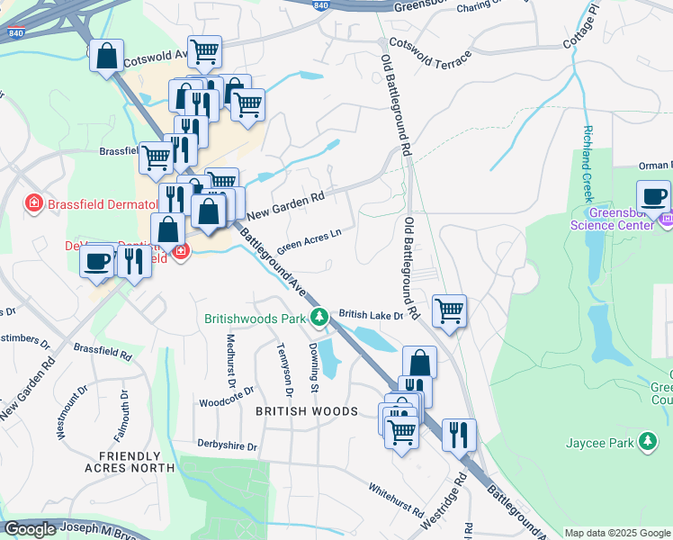 map of restaurants, bars, coffee shops, grocery stores, and more near 2802 Park Place in Greensboro