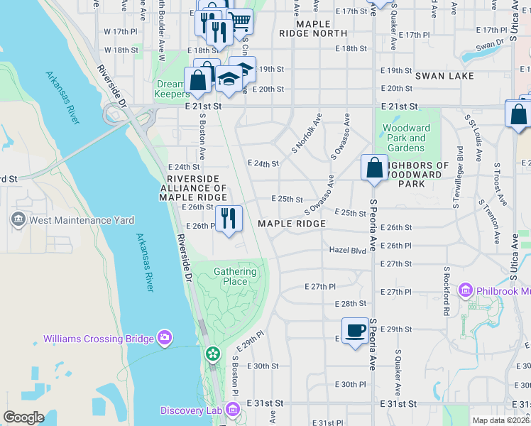 map of restaurants, bars, coffee shops, grocery stores, and more near 2539 South Cincinnati Avenue in Tulsa