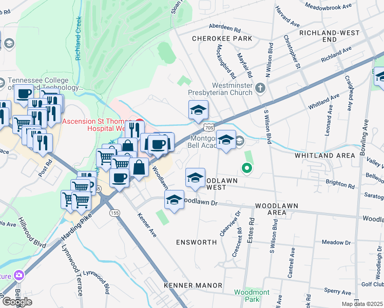 map of restaurants, bars, coffee shops, grocery stores, and more near 101 Brixworth Lane in Nashville