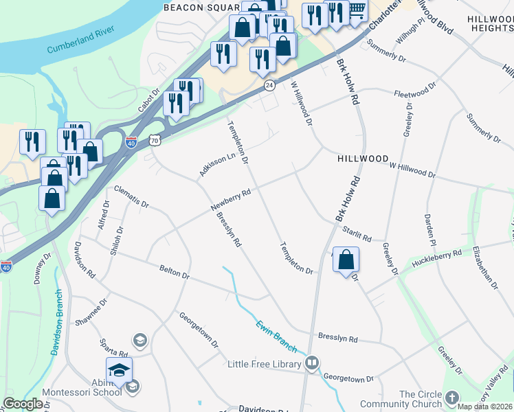 map of restaurants, bars, coffee shops, grocery stores, and more near 757 Templeton Drive in Nashville