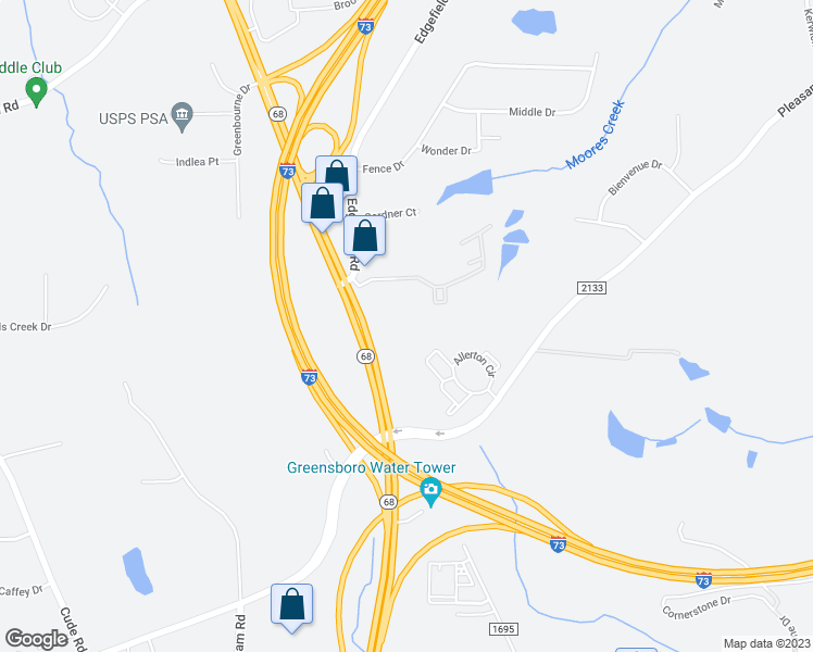 map of restaurants, bars, coffee shops, grocery stores, and more near 3400 Edgefield Court in Greensboro