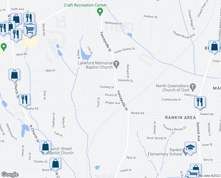 map of restaurants, bars, coffee shops, grocery stores, and more near 1400 Cushing Street in Greensboro