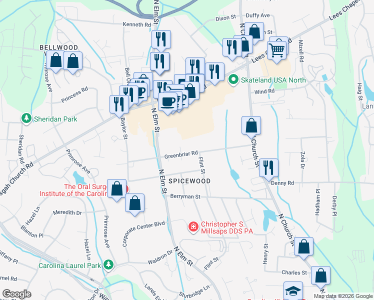 map of restaurants, bars, coffee shops, grocery stores, and more near 5 Pyracantha Court in Greensboro