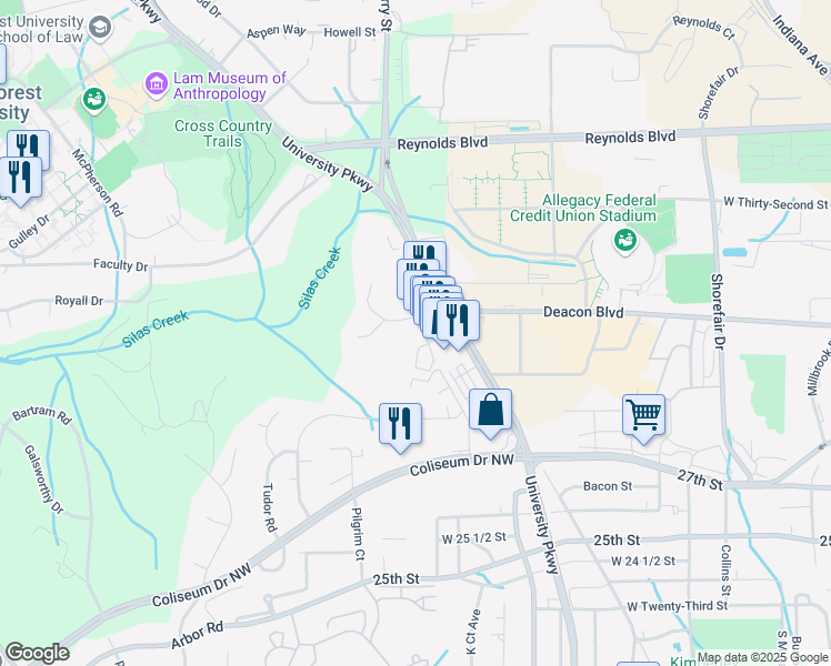 map of restaurants, bars, coffee shops, grocery stores, and more near 2998 Carriage Drive in Winston-Salem