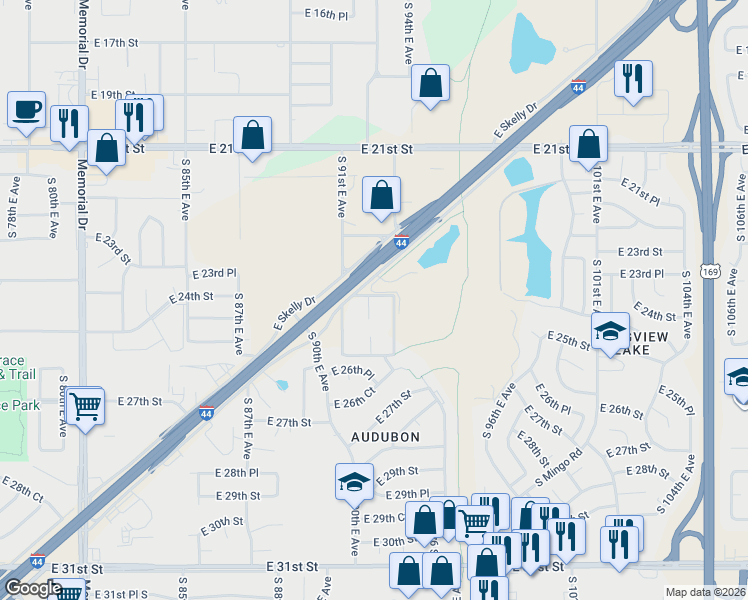 map of restaurants, bars, coffee shops, grocery stores, and more near 9134 East 24th Street in Tulsa