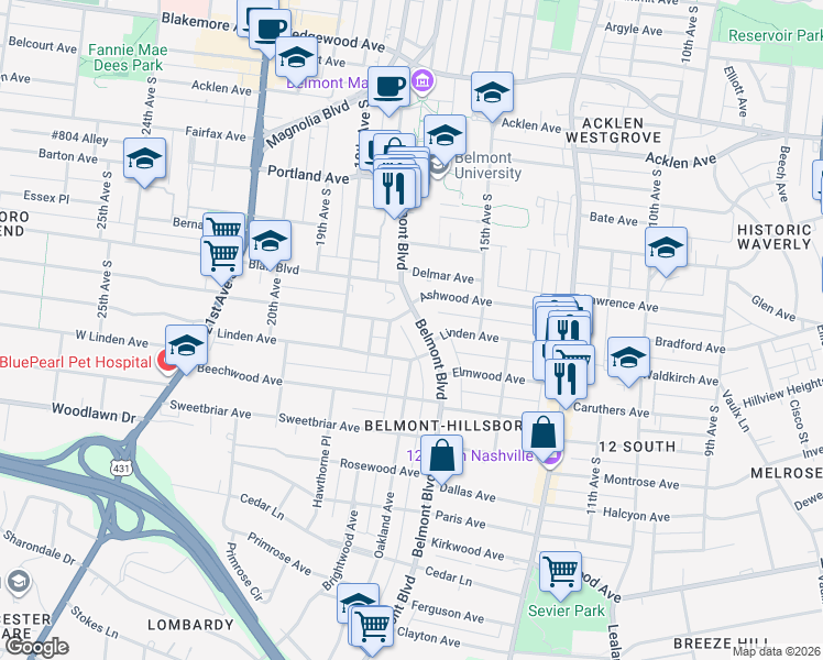 map of restaurants, bars, coffee shops, grocery stores, and more near 2227 Belmont Boulevard in Nashville