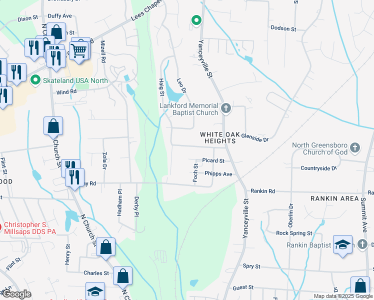 map of restaurants, bars, coffee shops, grocery stores, and more near 1114 Picard Street in Greensboro