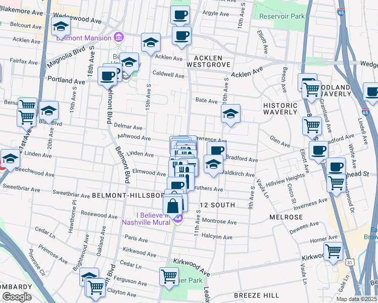 map of restaurants, bars, coffee shops, grocery stores, and more near 2220 12th Avenue South in Nashville