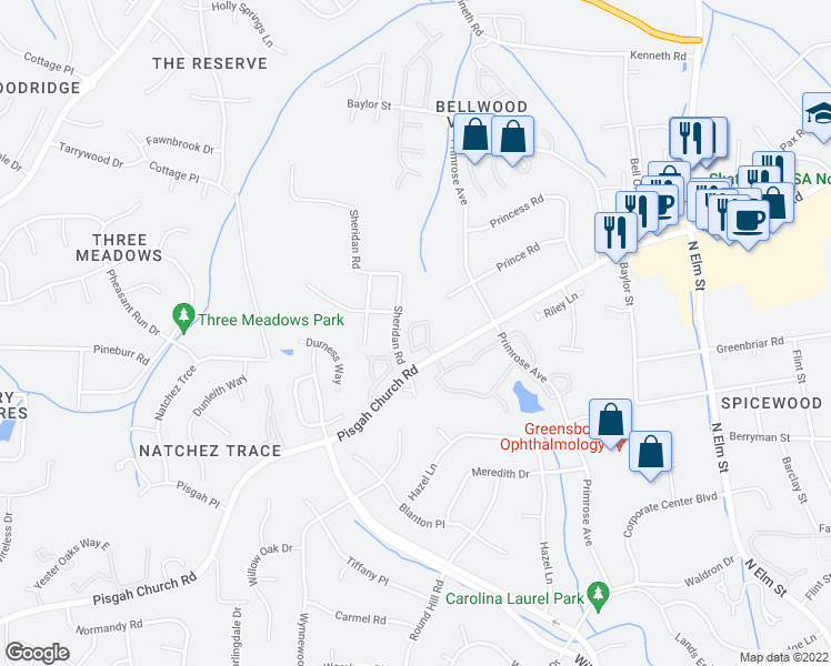 map of restaurants, bars, coffee shops, grocery stores, and more near 144 Wesley Harris Circle in Greensboro