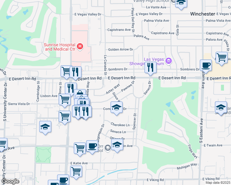 map of restaurants, bars, coffee shops, grocery stores, and more near 1606 Pawnee Drive in Las Vegas