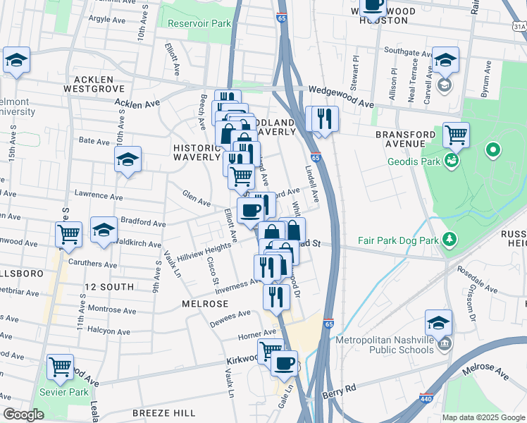 map of restaurants, bars, coffee shops, grocery stores, and more near 2300 Franklin Pike in Nashville