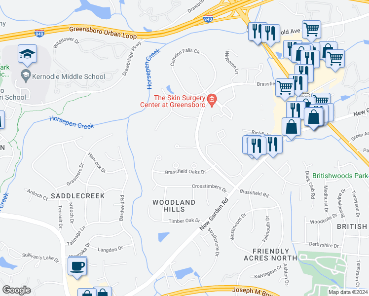 map of restaurants, bars, coffee shops, grocery stores, and more near 3582 Normandy Hills Circle in Greensboro