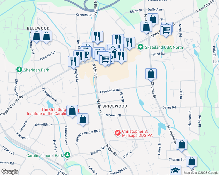 map of restaurants, bars, coffee shops, grocery stores, and more near 5 Pyracantha Court in Greensboro