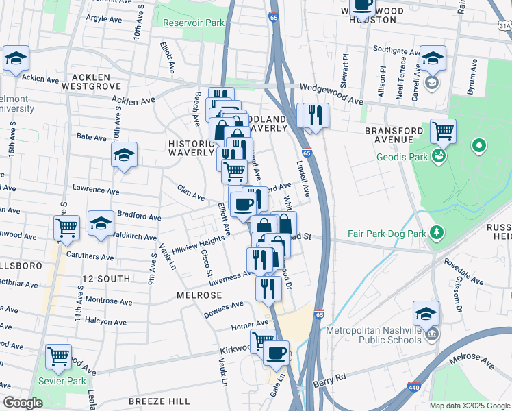 map of restaurants, bars, coffee shops, grocery stores, and more near 731 Melpark Drive in Nashville