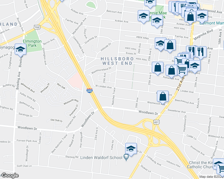 map of restaurants, bars, coffee shops, grocery stores, and more near in Nashville