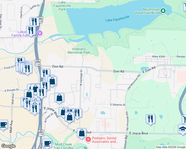 map of restaurants, bars, coffee shops, grocery stores, and more near 1743 East Zion Road in Fayetteville