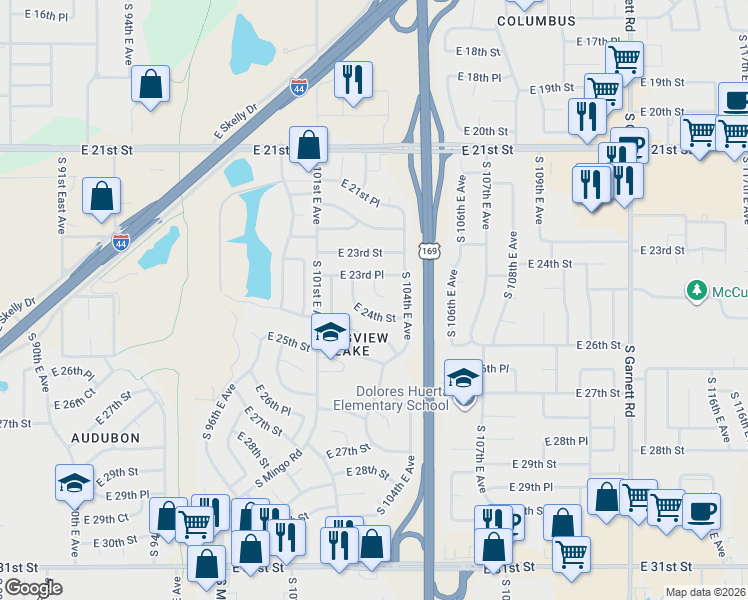 map of restaurants, bars, coffee shops, grocery stores, and more near 10222 East 24th Street in Tulsa