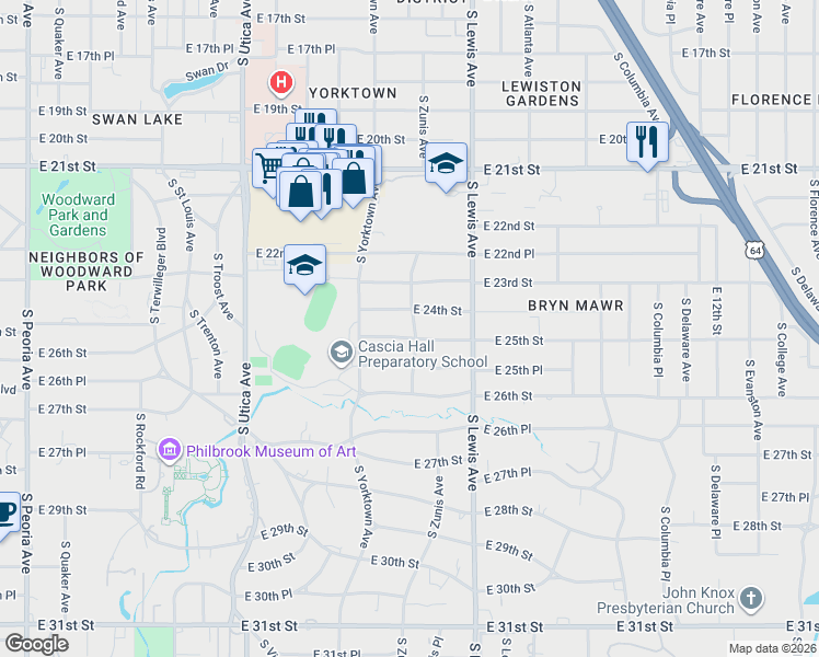 map of restaurants, bars, coffee shops, grocery stores, and more near 2140 East 25th Street in Tulsa