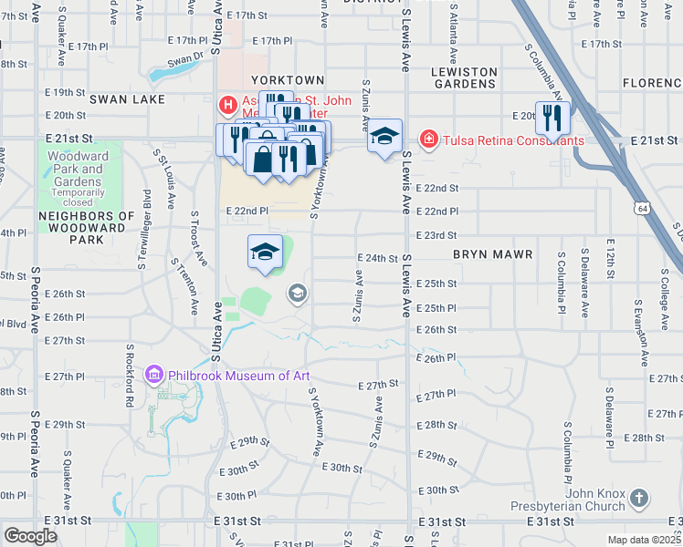 map of restaurants, bars, coffee shops, grocery stores, and more near 2140 East 25th Street in Tulsa