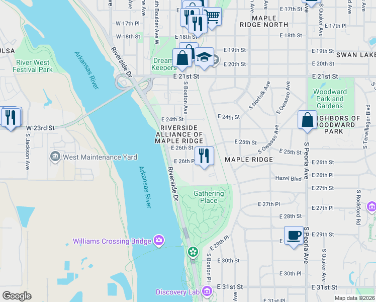 map of restaurants, bars, coffee shops, grocery stores, and more near 20 East 26th Place in Tulsa