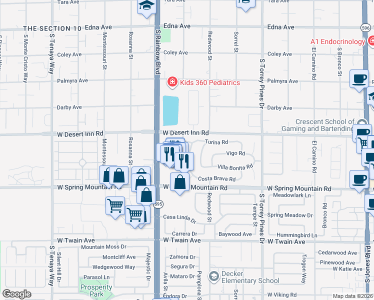 map of restaurants, bars, coffee shops, grocery stores, and more near 3405 Costa Verde Street in Las Vegas