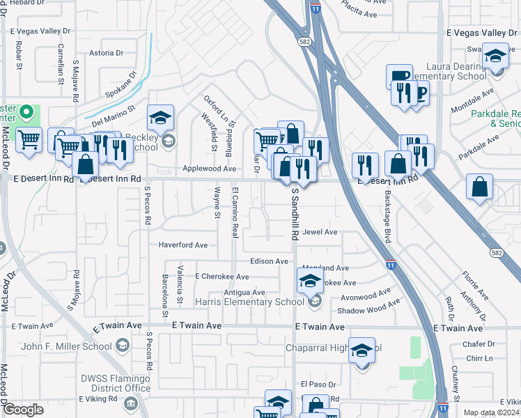 map of restaurants, bars, coffee shops, grocery stores, and more near 3672 Garden Drive in Las Vegas