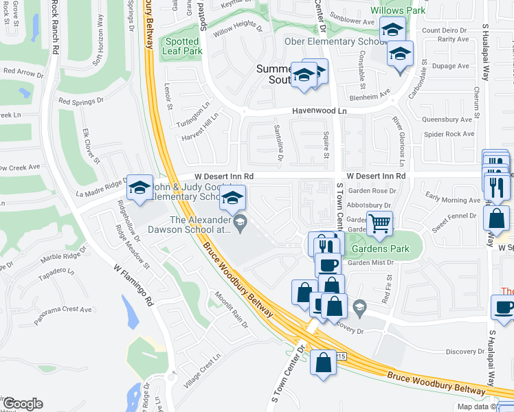 map of restaurants, bars, coffee shops, grocery stores, and more near 3418 Antique Rose Drive in Las Vegas