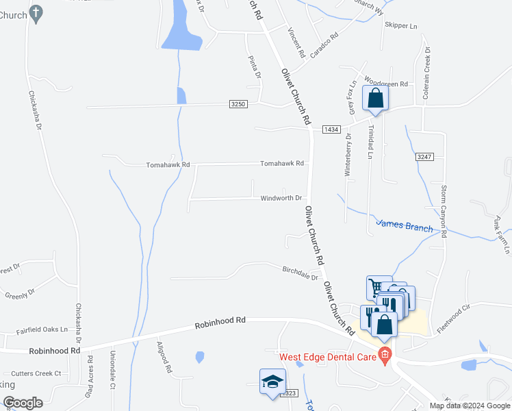 map of restaurants, bars, coffee shops, grocery stores, and more near 5728 Windworth Drive in Winston-Salem