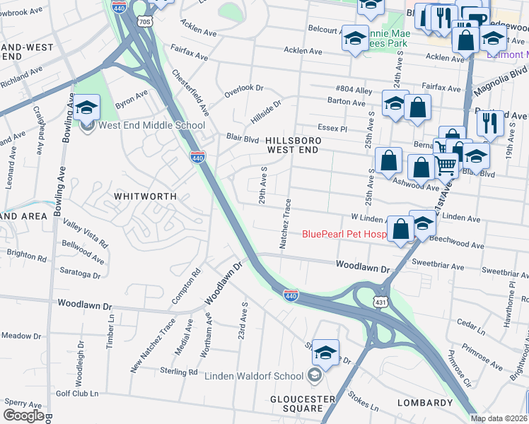 map of restaurants, bars, coffee shops, grocery stores, and more near 2816 Westwood Avenue in Nashville